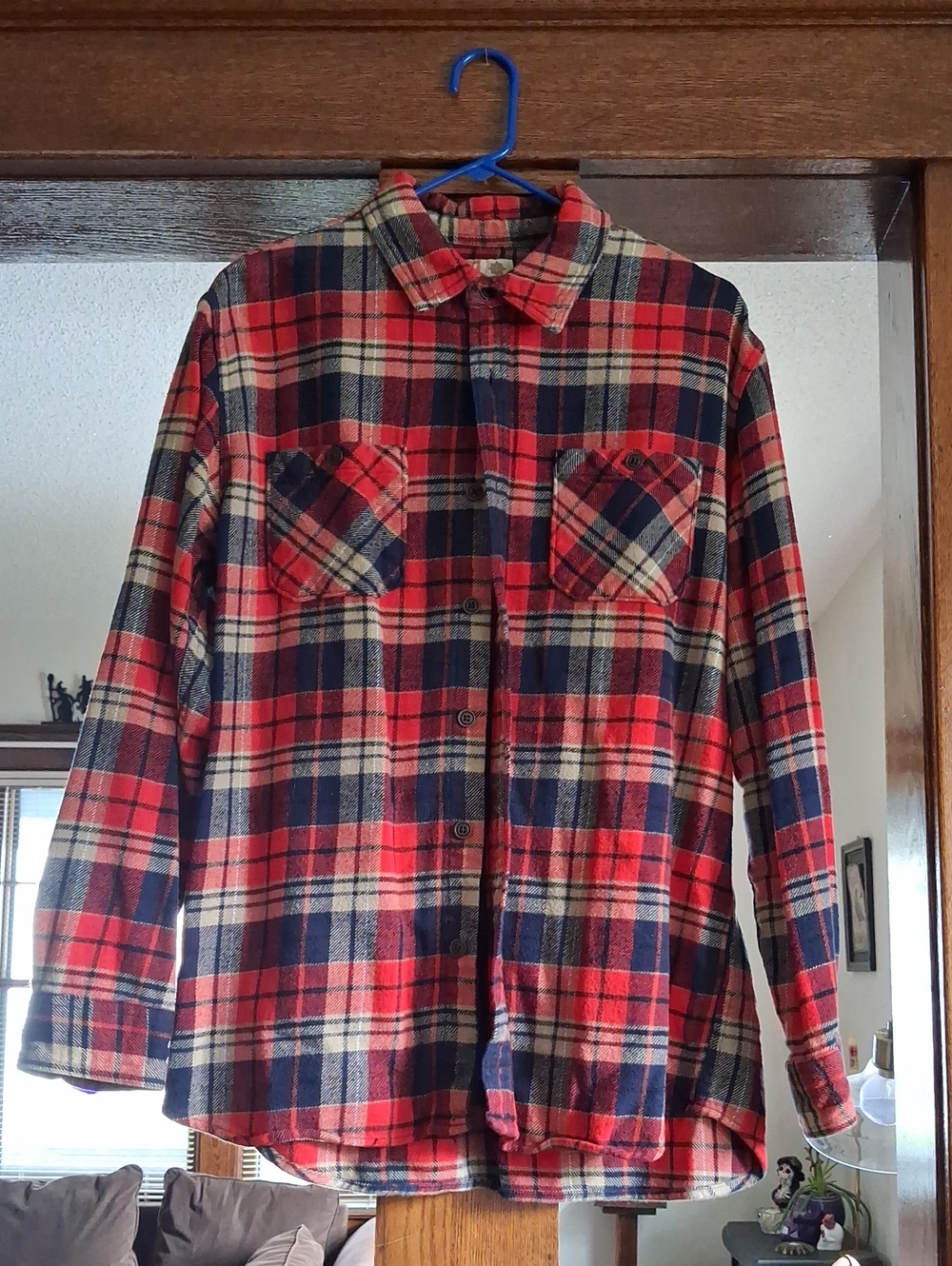 Ruff Hewn Red Navy Cream Plaid Button-Down Shirt
